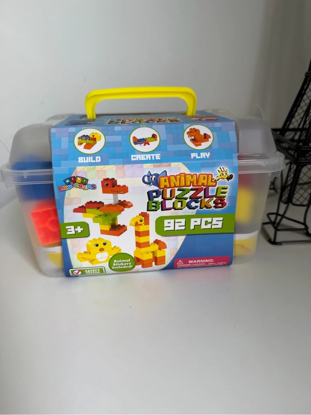 Animal Puzzle Blocks Building Set - Yellow Carry Case, 92 pcs